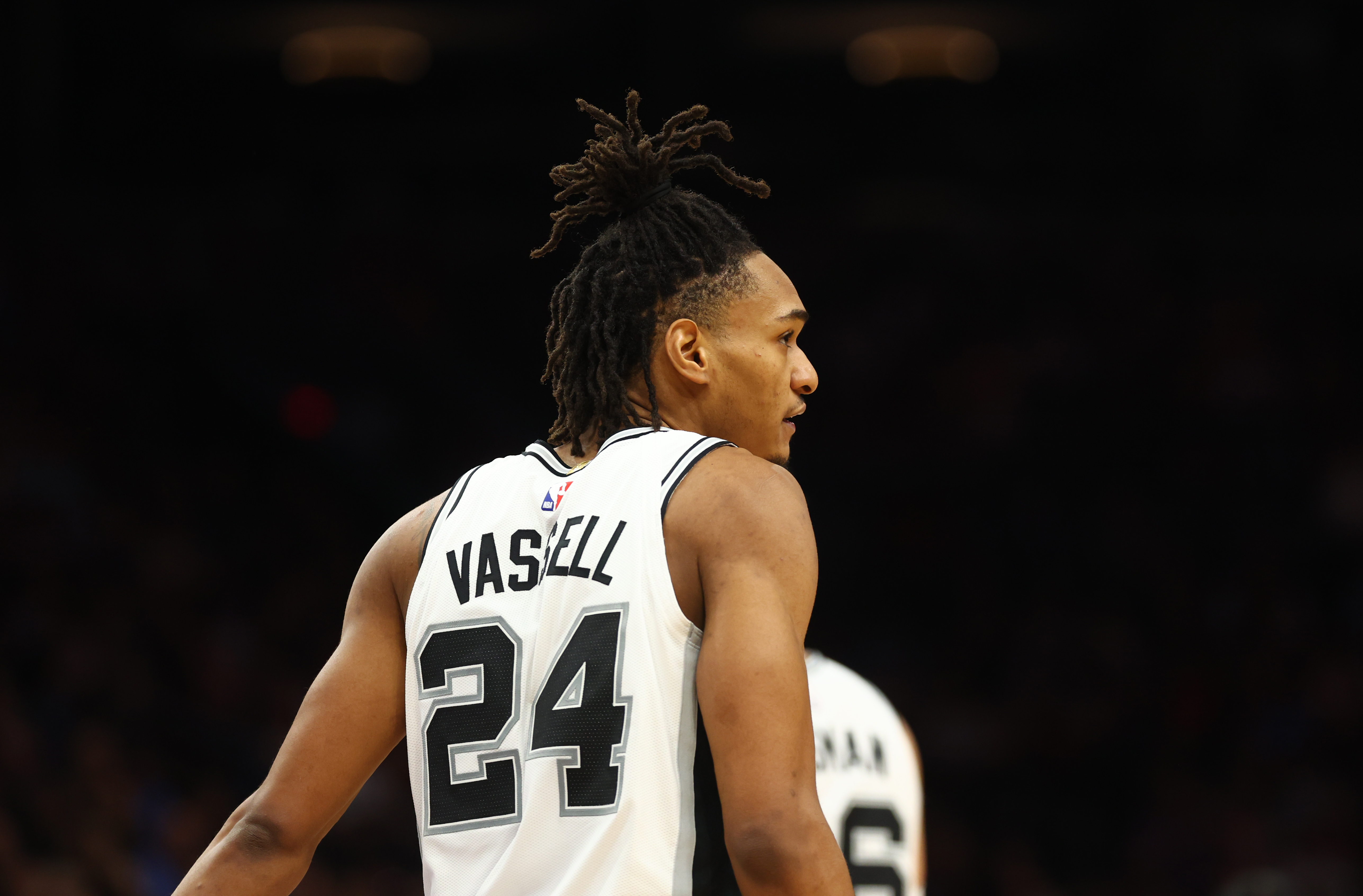 Nov 2, 2023; Phoenix, Arizona, USA; San Antonio Spurs guard Devin Vassell (24) against the Phoenix Suns at Footprint Center.